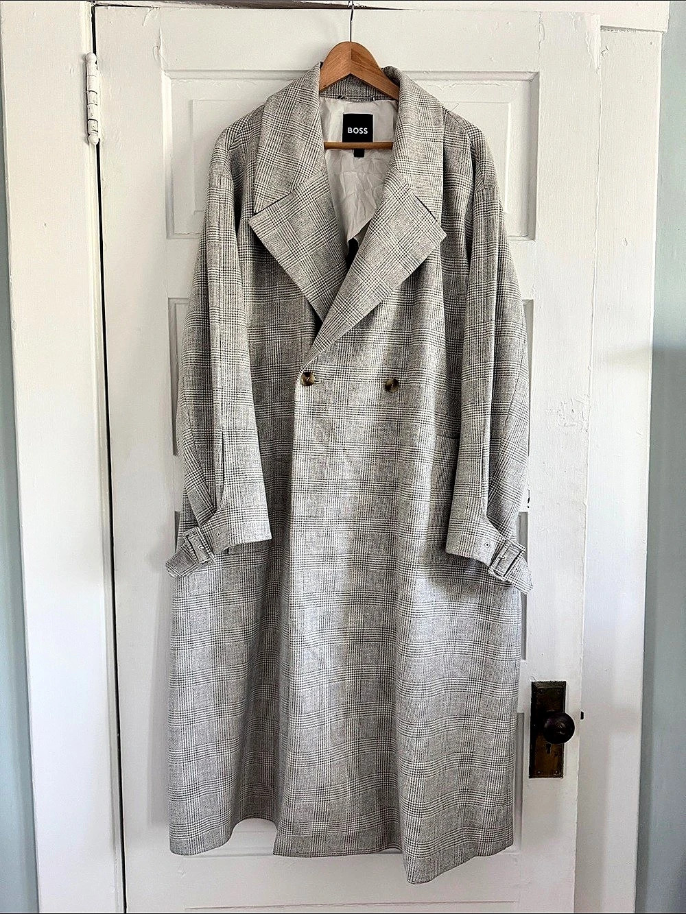 BOSS Women's Plaid Trench Coat Medium Gray & White Like New